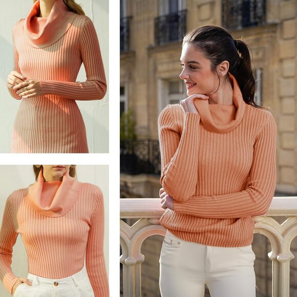 Women’s Tan Cowl Neck Stretchable Knit Long Sleeve Bodycon Fit Slim Sexy Sweater - Picture 5 of 5